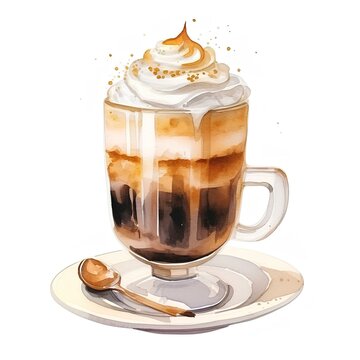 Coffee glass with cream , watercolor illustration of latte glass on white background, cafe design element. AI generation