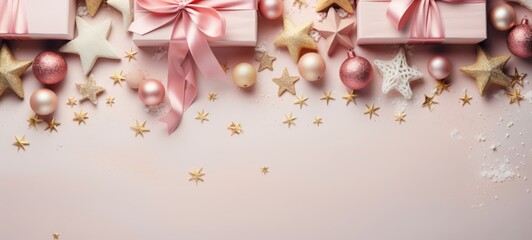 Fototapeta na wymiar Christmas top view mockup pastel pink background texture. New Year mockup. Horizontal banking background for web. Photo AI Generated