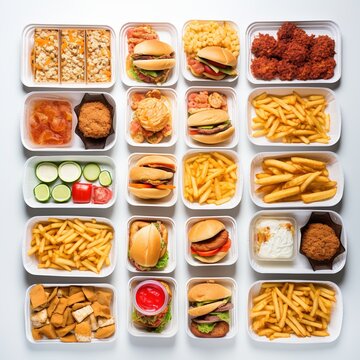 Various fast food meals in plastic containers