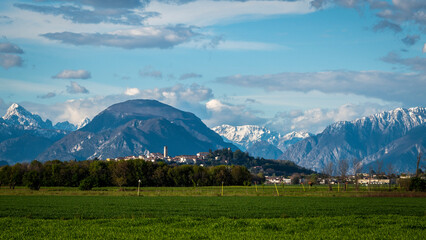 Fototapeta premium San Vito di Fagagna and the morainic hills of Friuli. Tavella Church