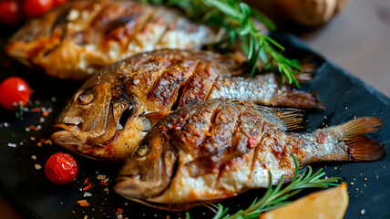 Delicious fresh grilled fish with tomatoes and rosemary. Restaurant serving.