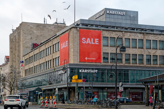Berlin, Germany - January 1, 2024: Street scene at the Hermannplatz in Berlin with a shopping center in the background.