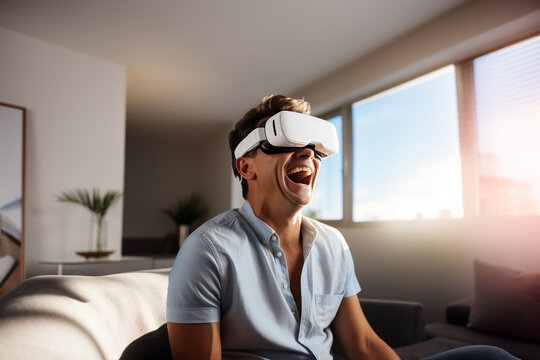 Man using virtual reality headset. This image encapsulates the essence of VR, futuristic elements, gadgets, technology, online education, studying, and the concept of video games.Indoor portrait