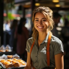 Portrait of a smiling young woman wearing an apron and standing in front of a bakery display