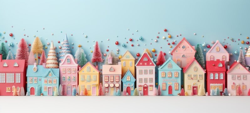 Christmas flat lay mockup colorful houses in winter blue pastel background texture. New Year mockup. Horizontal banking background for web. Photo AI Generated