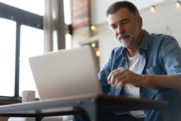 Senior man in casual clothing using laptop and smiling while sitting on the sofa, working from home.