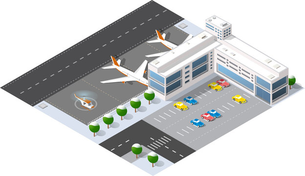 Winter isometric airport terminal with aircraft, air terminal, hangars and transport