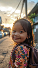 Fototapeta premium Confident and Positive: A Asain Little Girl with a Backpack, Ready to Take on the World as She Walks Down the Street.