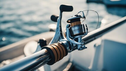 Closeup of fishing rod and reel on side of boat with blue sea in background   - obrazy, fototapety, plakaty
