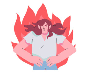 Portrait of young woman expressing anger, wrath, rage, fury. Angry, grumpy, irate or furious person in flames on fire isolated on white background. Character can not control negative emotions.