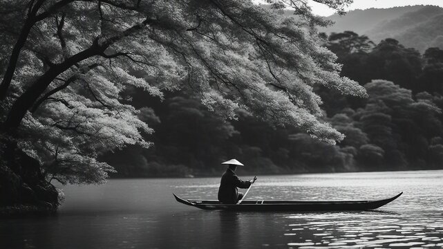 black and white photo Boatman punting the boat at river. Arashiyama in autumn season  