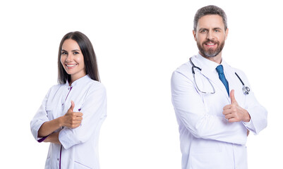 doctor offer advertisement, thumb up. medical service advertisement. two nurse and doctor in medicine hospital. healthcare physician doctor isolated on white. medicine and healthcare