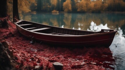 Horror wooden row boat abandoned on a lake of blood,  