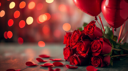 Valentines day background with red roses with a red balloon lying on a table with sparkles in the background - obrazy, fototapety, plakaty