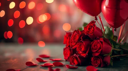 Foto op Canvas Valentines day background with red roses with a red balloon lying on a table with sparkles in the background © Sam