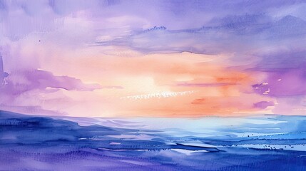 A gentle watercolor painting of a sunset at the beach, with the sky melting into shades of pink and purple. 