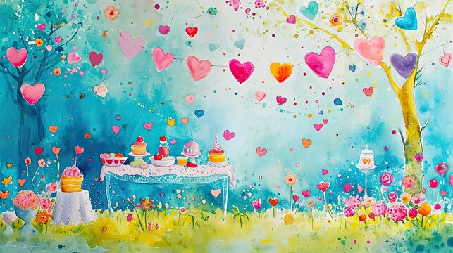A cheerful, playful watercolor scene of a garden party, with strings of hearts and flowers. 
