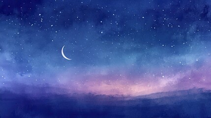 A serene, watercolor painting of a twilight sky, with stars beginning to appear and a crescent moon.  - obrazy, fototapety, plakaty