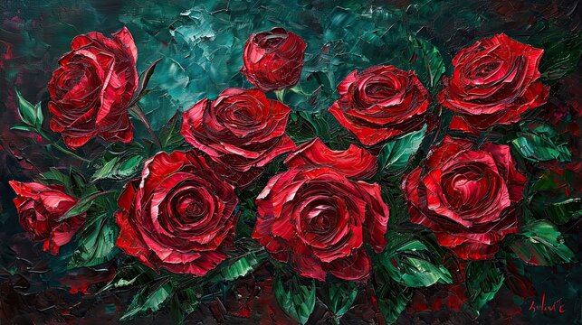A rich, textured oil painting of a vibrant bouquet of red roses, with thick, impasto petals and deep green leaves. 