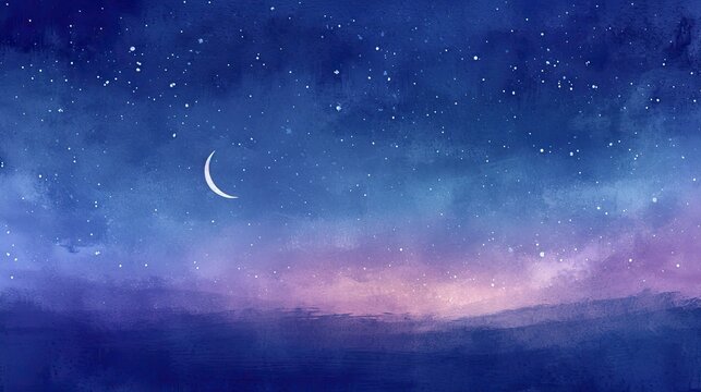 A serene, watercolor painting of a twilight sky, with stars beginning to appear and a crescent moon. 