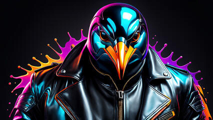 3d rendered illustration of a Bad ass liquid metallic steel penguin detective wearing black leather jacket under a colourful vivid lighting