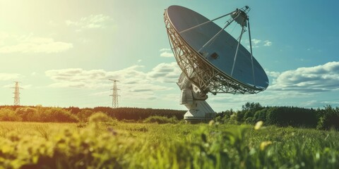 Satellite dish on a field under blue sky