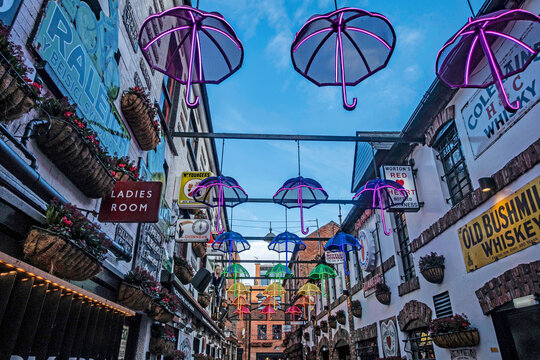 The Commercial Court in the Cathedral quarter of Belfast, Northern Ireland. Once the commercial heart of the city, it is decorated with old mementoes.