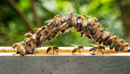 teamwork of bees to bridge gap of swarm parts - obrazy, fototapety, plakaty