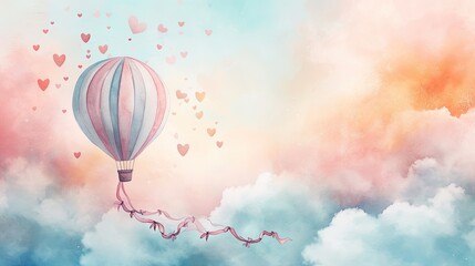 A whimsical watercolor illustration of a hot air balloon floating among fluffy clouds, with banners of hearts and ribbons. Valentine card. 