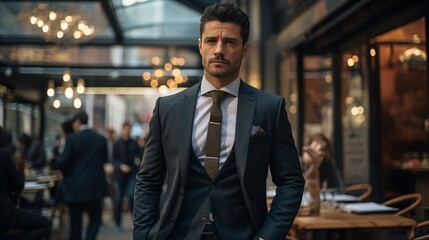 Fototapeta premium A man in a suit standing in a restaurant