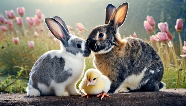 best friends bunny rabbit and chick are kissing