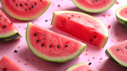 Top view pattern with ripe watermelon on a pink background. Copy space available, conveying a creative summer concept