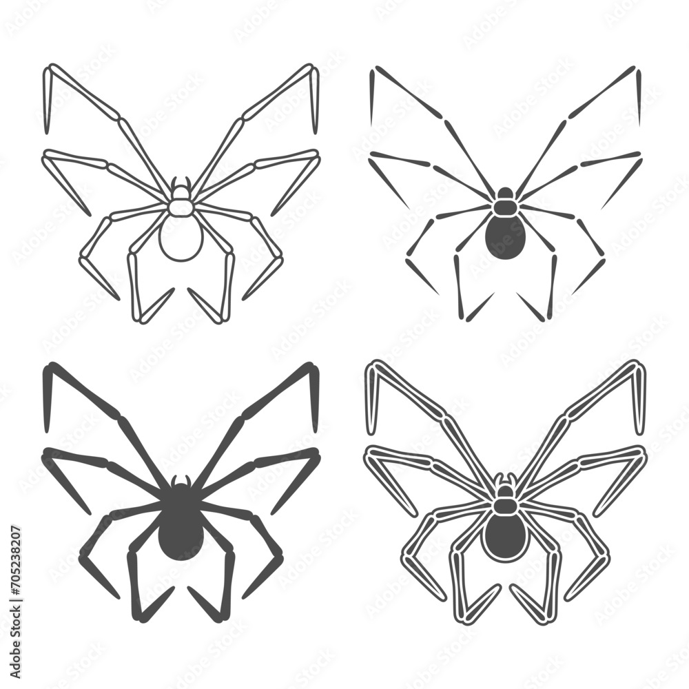 Poster set of black and white illustrations with butterfly shaped spider. isolated vector objects on white 