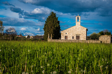 Fototapeta na wymiar San Vito di Fagagna and the morainic hills of Friuli. Tavella Church