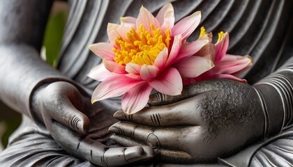 buddha hands holding flower close up - obrazy, fototapety, plakaty