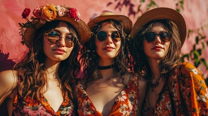 Obraz premium Happy wonderful girls posing in summer vibe. Girl power concept