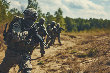 A group of military personnel on the battlefield amidst the smoke and explosion of the pyhota going on the attack