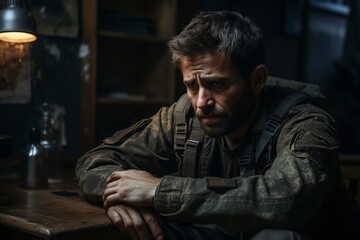 Fototapeta premium excited soldier sitting in therapist's office