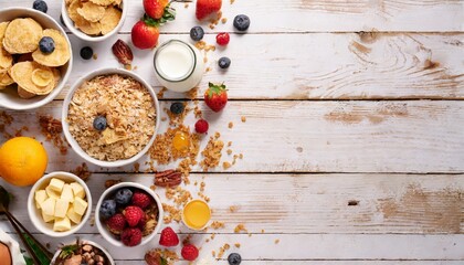 cereal and ingredients for a healthy breakfast forming a side border over a white wood background top view copy space