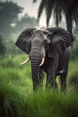 Fototapeta na wymiar elephant in the rain among the grass
