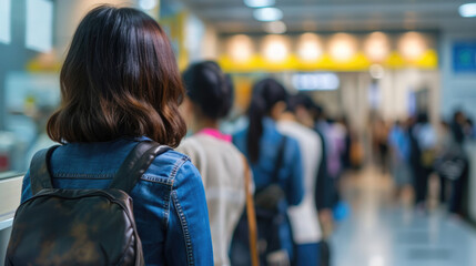 Large queue of people indoors rear view