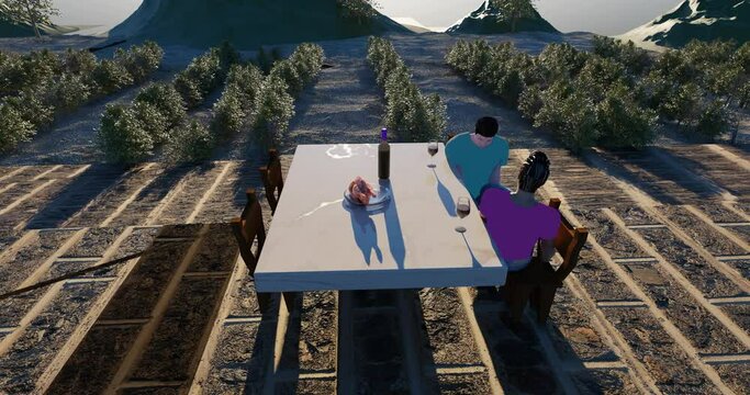 Vineyard offers rural country-front dining experience to gay couple celebrating anniversary 3D animation arc shot camera movement