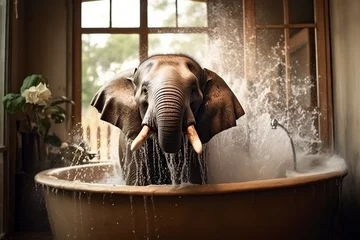 Poster elephant bathing in a bathtub, the water splashes on the floor © Jorge Ferreiro