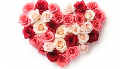 Floral Heart. Pink, red and white roses arranged in heart shape isolated on a white background. Ideal for Valentines Day, anniversaries, or romantic occasions.