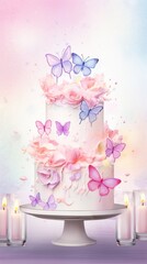 Cream cake with colorful splashes, flowers and butterflies. Watercolor illustration. Perfect for celebrations or bakery advertisements. Vertical format