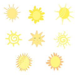 Set of different types of sun. Illustration for decoration, design. Celestial elements. Drawn Sun icons, icon collection. Summer, sunshine