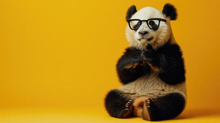 Panda bear with glasses on yellow background