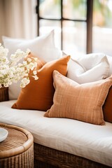burnt orange pillows on white couch