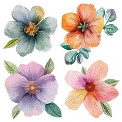 Set watercolor flowers. Different types 4 flowers. four flowers isolated, flat watercolor clipart set with white background . soft pastel color