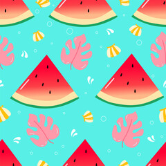 Vector illustration. Seamless summer pattern with hand drawn beach background elements such as watermelon, sunglasses, flowers, hat, pineapple, clouds.